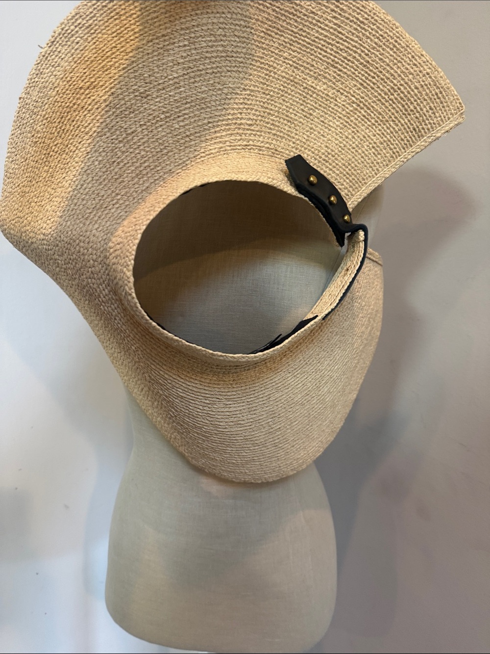 Janessa Leone Birdie Visor Sun Hat Natural Raffia Visor with Black Leather Trim - Picture 9 of 9